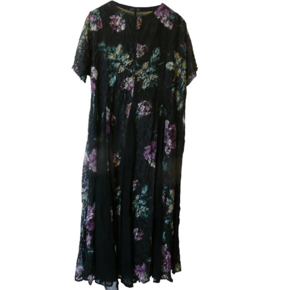 Women's Semi Sheer Lace Dress Fully Lined Loose Fitting Long Black Floral Goth - Picture 7 of 10